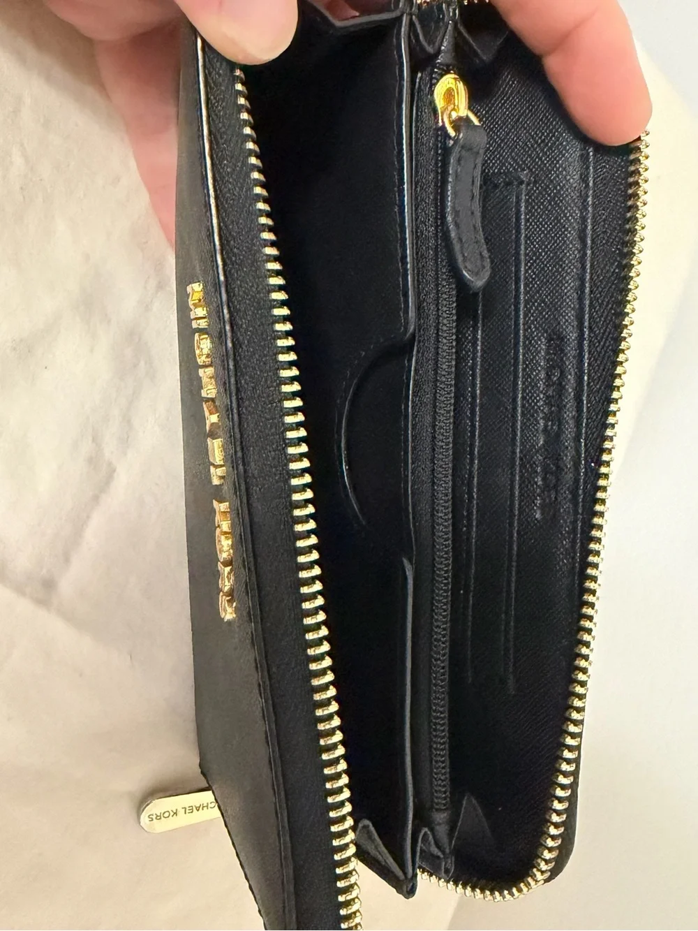 Michael Kors Black Saffiano Zip Wristlet with Gold Logo